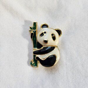 Vintage Panda Bear Enamel Brooch Pin Gold-Tone Metal With Green Bamboo Accent